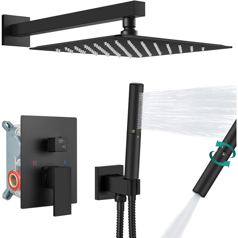 Matte Black 12 Inch Rain Shower System – 304 Stainless Steel 2-in-1 Shower Faucet Set with Rough-In Valve