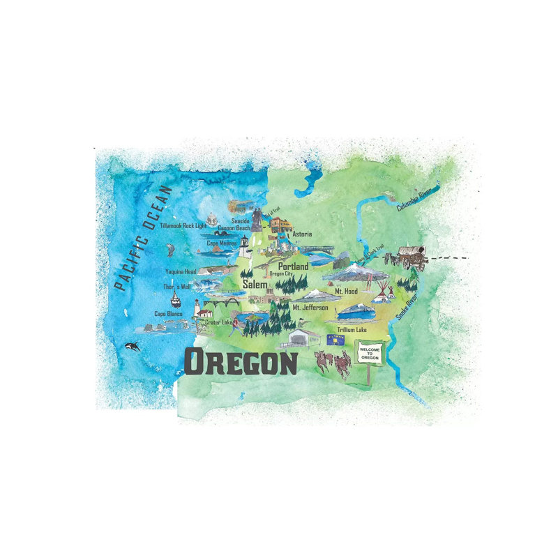 USA, Oregon Illustrated Travel Poster by Markus & Martina Bleichner - Wrapped Canvas Gallery-Wrapped Canvas Giclée