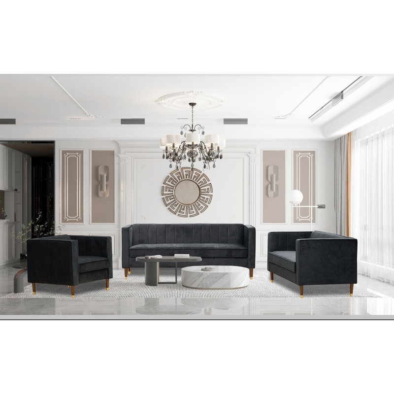 Ensemble 3 pièces canapé, causeuse et fauteuil en velours Jacqueline, Noir