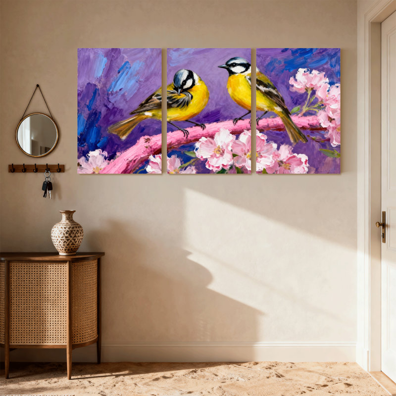 Oiseaux oiseaux perchés sur une branche d'art, ensemble de 3 impressions sur toile, H 30 po x l 60 po