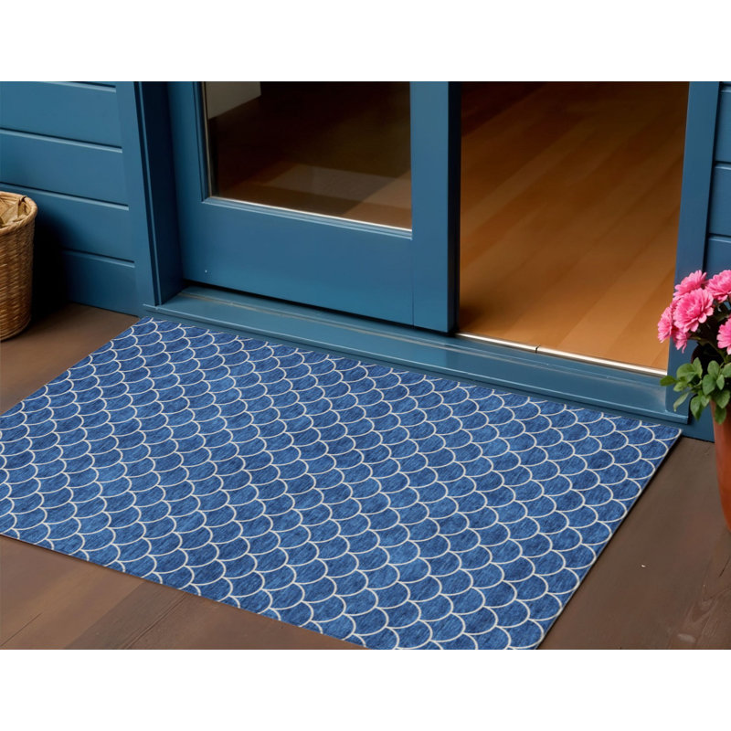 3' X 5' Blue And Ivory Geometric Washable Indoor Outdoor Area Rug