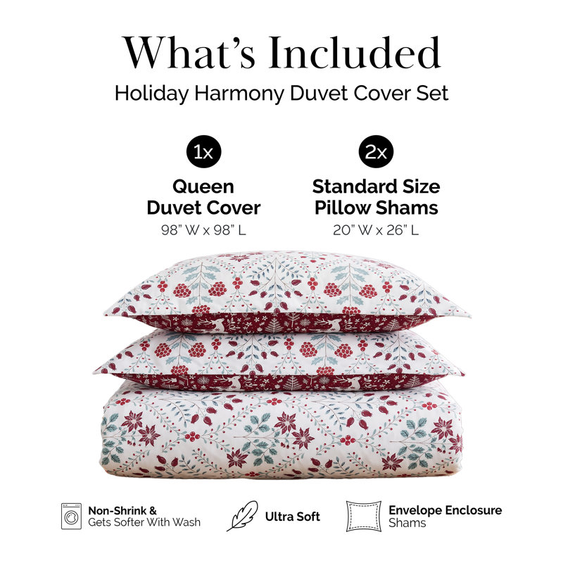 Southshore Fine Linens Holiday Harmony Reversible Duvet Cover Set, 100 GSM Brushed Microfiber Holiday Bedding, 1 Duvet Cover and 2 Pillow Shams, Full / Queen