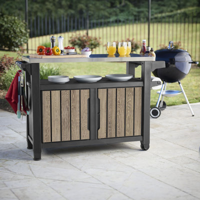 Îlot de cuisine d'extérieur Keter Signature Collection Unity XL avec chariot roulant, table de bar et armoire de rangement, station de grillade avec crochets pour accessoires de barbecue, frêne