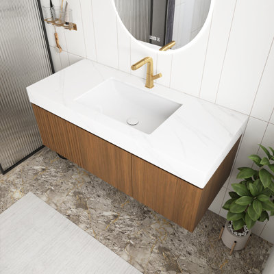Brown Oak Woodgrain 48 Inch Bathroom Vanity With Sink, Floating Plywood Storage Cabinet With Drawer And Doors, Carrara White Sintered Stone Top With Ceramic Basin,Pre-Assembled