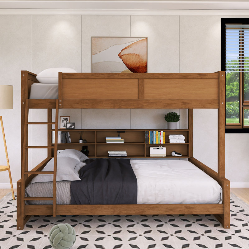 Lit superposé double très grand avec cadre en bois avec tablettes de rangement et ports USB, Double TG sur grand, Brun