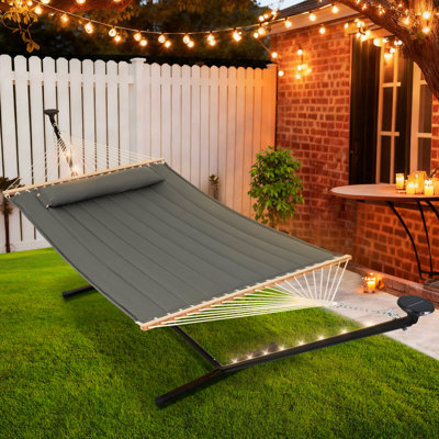 12 Ft. Portable Heavy-Duty Hammock With Stand & Detachable Pillow - Solar Powered LED Lights - 475 Lbs Capacity