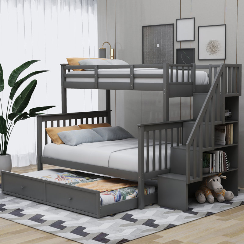 Lit superposé triple avec escalier et tiroirs de rangement, Gris