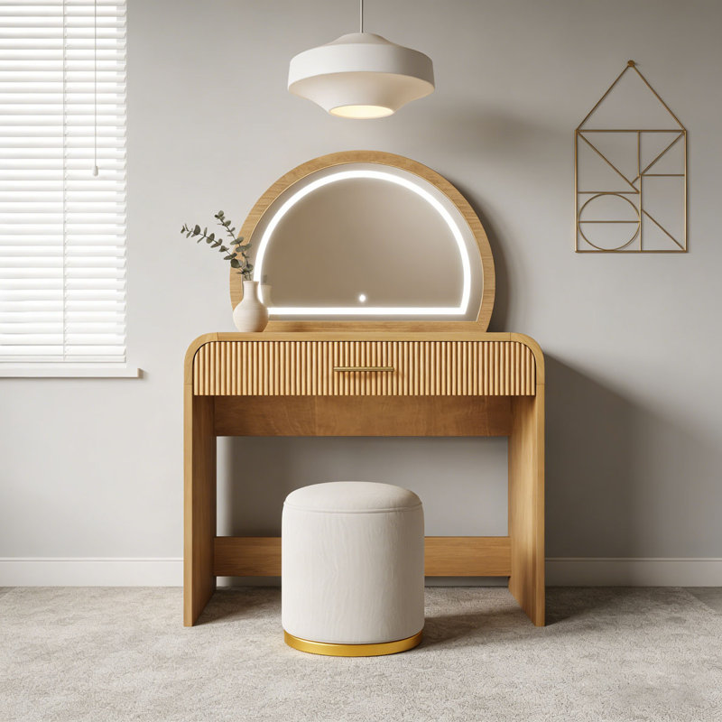 Coiffeuse 39 "avec miroir et écran tactile, coiffeuse avec tiroir pour chambre à coucher, Naturel