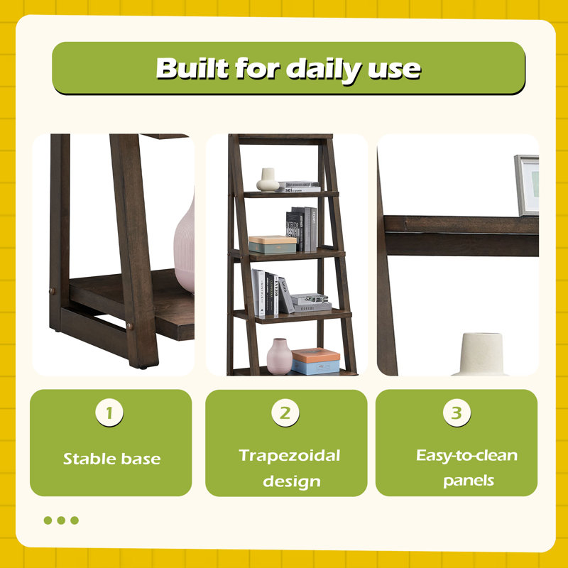 5-Tier Shelves,Bookshelf, Storage Rack, Bookcase With Rubber Wood Frame, Rustic Brown