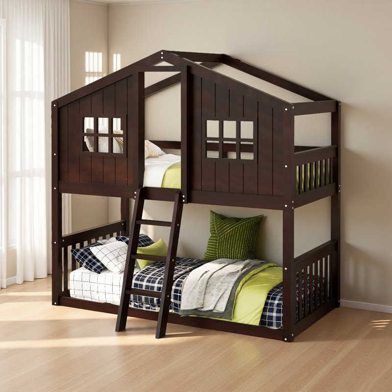 Twin Over Twin House Bunk Bed With Ladder, Espresso