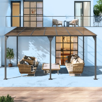 Gray Geometric Outdoor Pergola | 14.76 * 9.22 Ft 3d Sloped Structure | Powder-coated Iron Load-bearing Frame With Aerospace-grade Pc Roof | Tri-functional Shelter For Garden, Patio & Porch