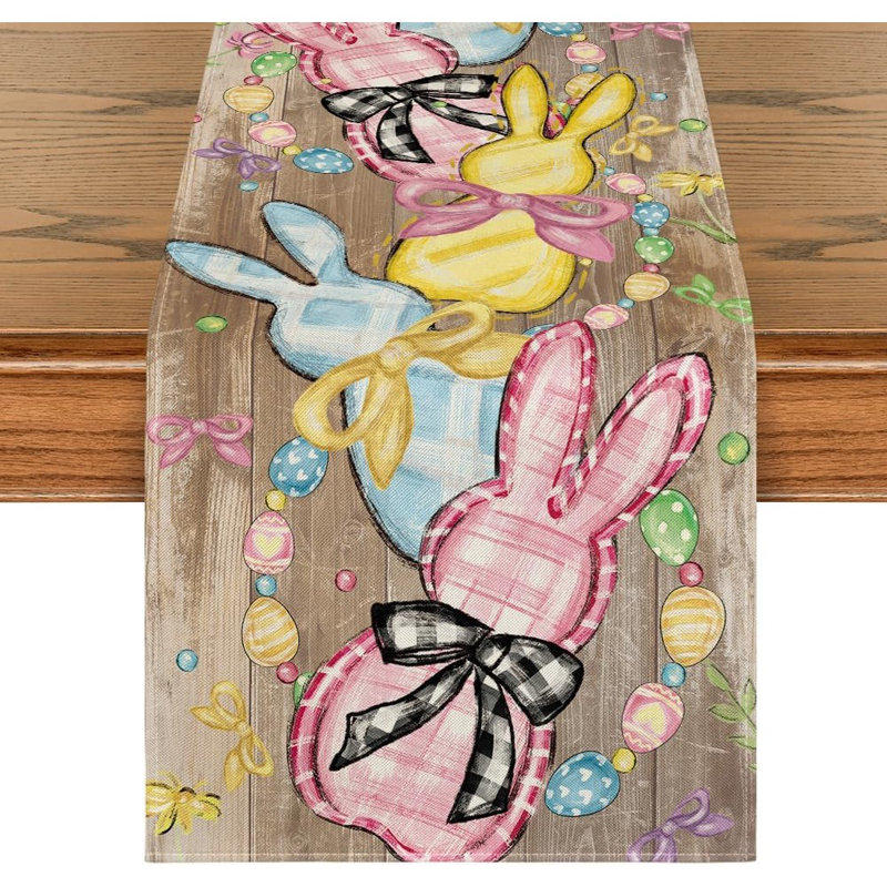 Table Runner - Multicolor, Wood Floral Bow, Bunny & Eggs, Easter & Spring Table Décor