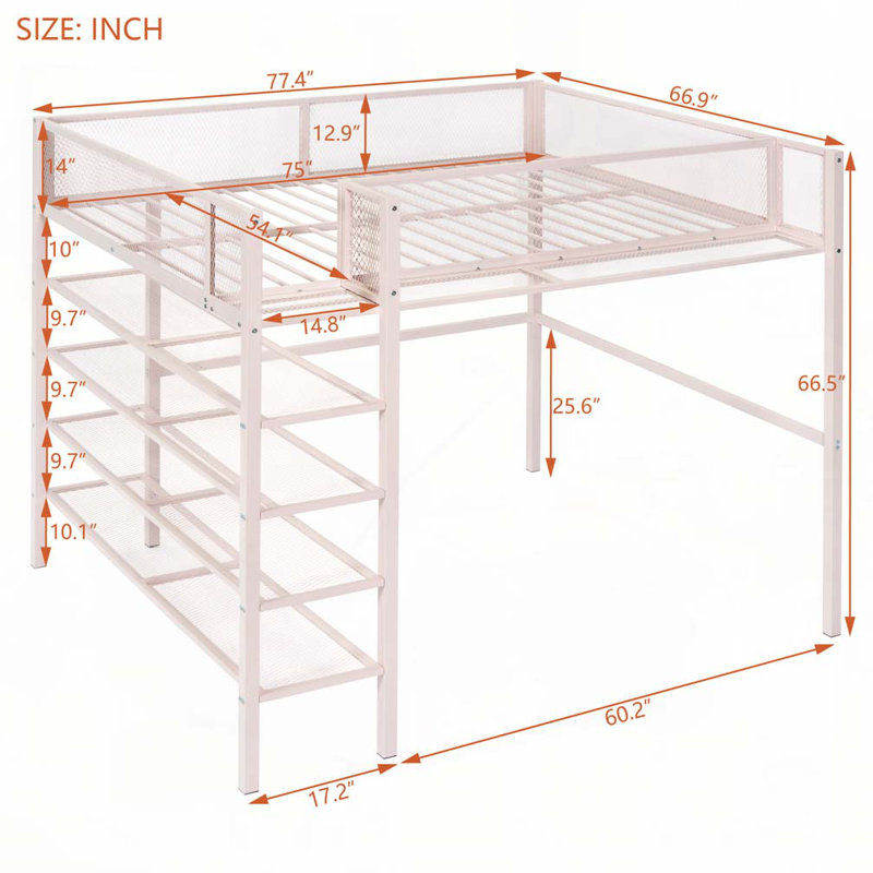 Lit mezzanine double en métal avec tablettes à 4 niveaux et rangement, rose, Rose