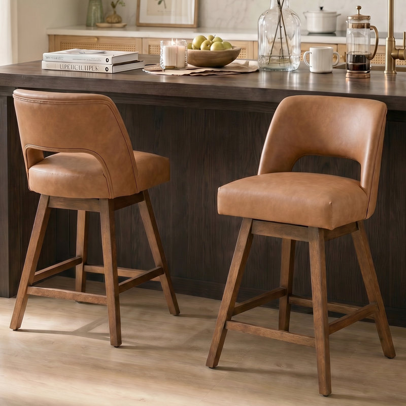 Tabouret de bar pivotant en similicuir Bisto, Finition noyer, Similicuir brun
