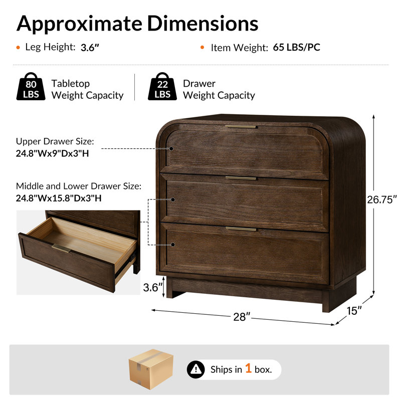 Yanick Modern 3-Drawer Arched End Table with Solid Wood Legs and Charging Station, Walnut