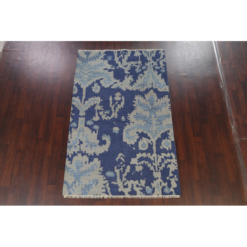 Tapis bleu noué à la main de conception unique 5 pi x 7 pi 10 po New Age