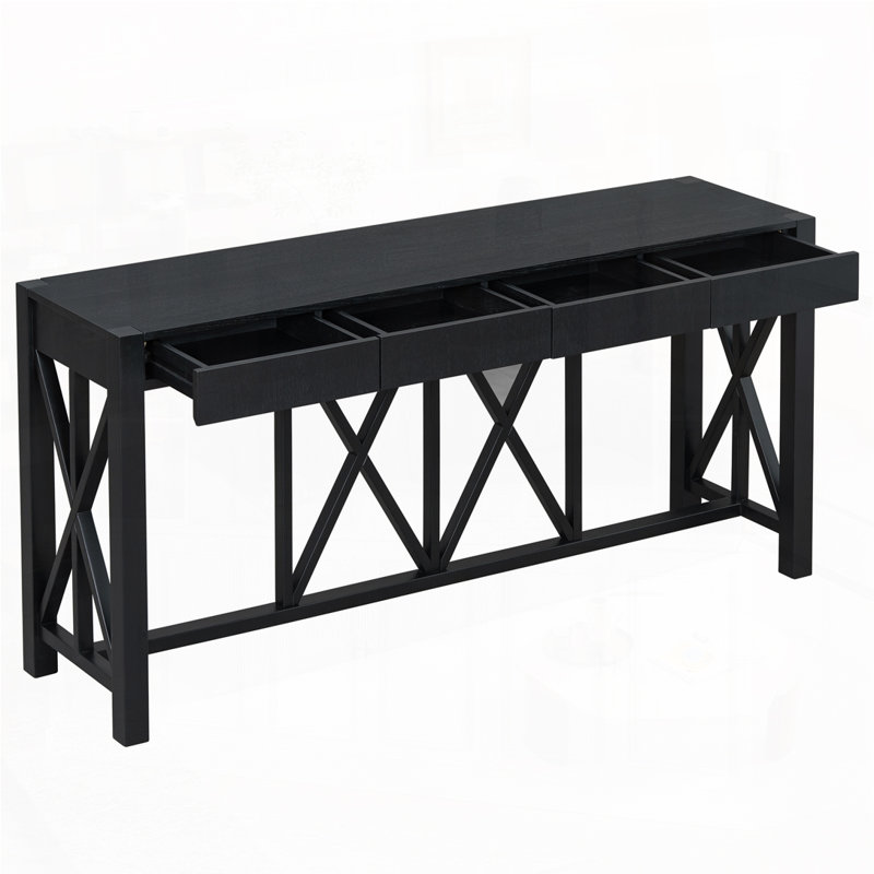 60''Acacia Veneer Console Table With 4 Spacious Drawers, Modern Crisscross Design Entryway Table With Open Bottom Storage,Farmhouse Sofa Table For Living Room,Kitchen,Dining Room,Hallway