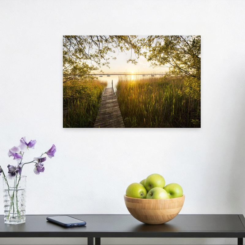 Impression sur toile, "Golden Jetty Abstract Contemporary Forest Landscape", H 12 po x l 18 po