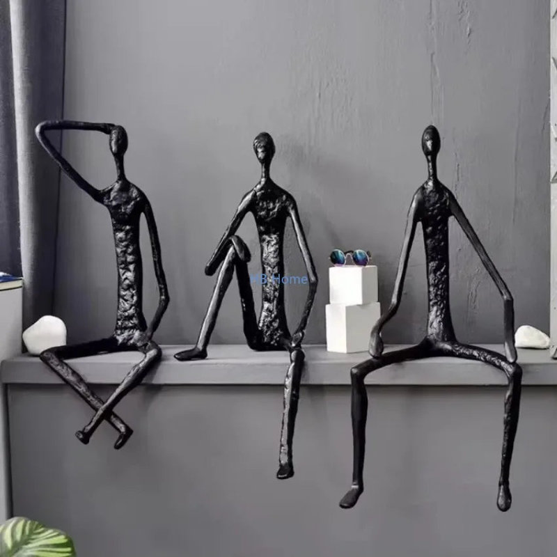 Creative Abstract Metal Human Sculpture Cast Iron Black Person Desktop Ornament Living Room Decoration Artist Modern Home Decor