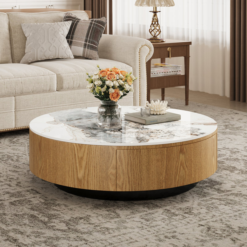 Table basse ronde moderne en pierre frittée de 35 po avec tiroir de rangement, base en bois massif et pieds en acier inoxydable, aucun assemblage requis