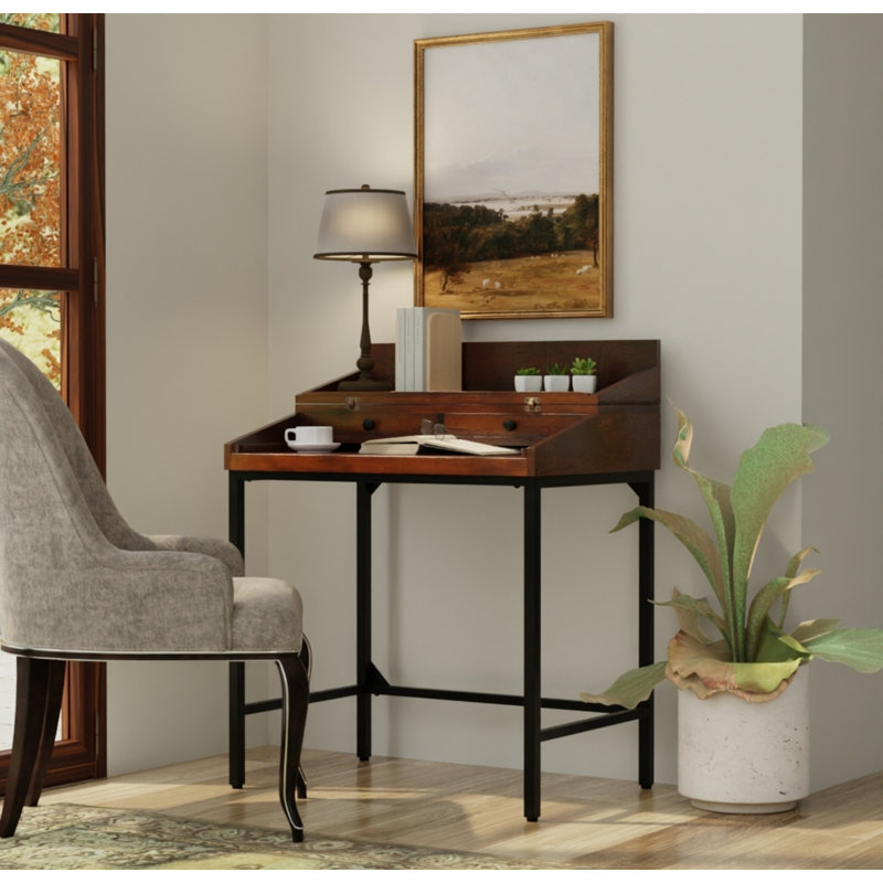 Rustic Brown 31 Inch Wide Desk with Cast Iron Frame and Storage Drawers