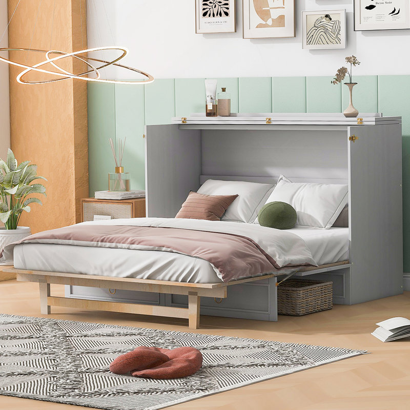 Grand lit escamotable avec grands tiroirs, blanc