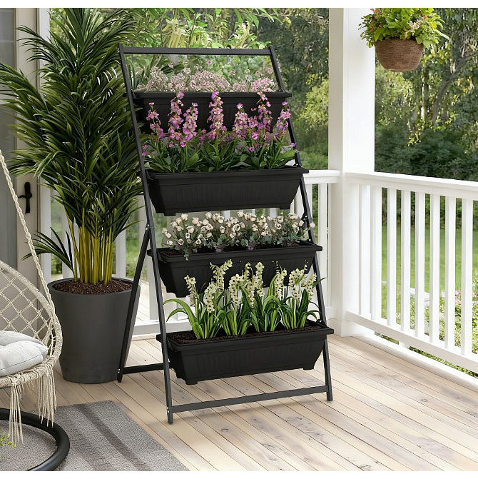 Pot pour plantes d'extérieur avec pot à fleurs surélevé à 4 niveaux avec 4 boîtes, Noir