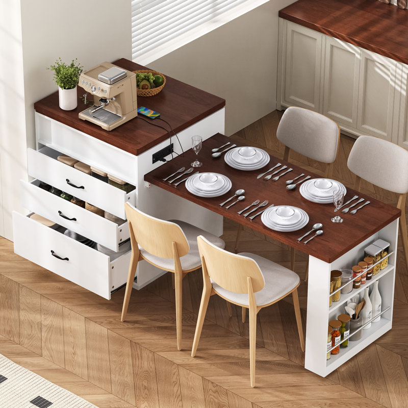 Îlot de cuisine avec roulettes Dawson, extensible, White;Walnut