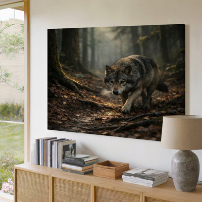 Grey Wolf Walking On Misty Autumn Forest Trail Wall Decor Canvas Wall Art Print For Living Room, Bedroom, Office, Hallway, Entryway, Gallery Wall And Modern Home Decor