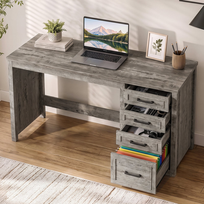 Farmhouse 49” Executive Desk With File Drawer, 4 Drawers Reversible Computer Desk, Gray