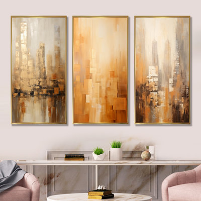 «Kaki Peach Skyscrapers City», ensemble de 3 reproductions d'art sur toile Skyscrapers