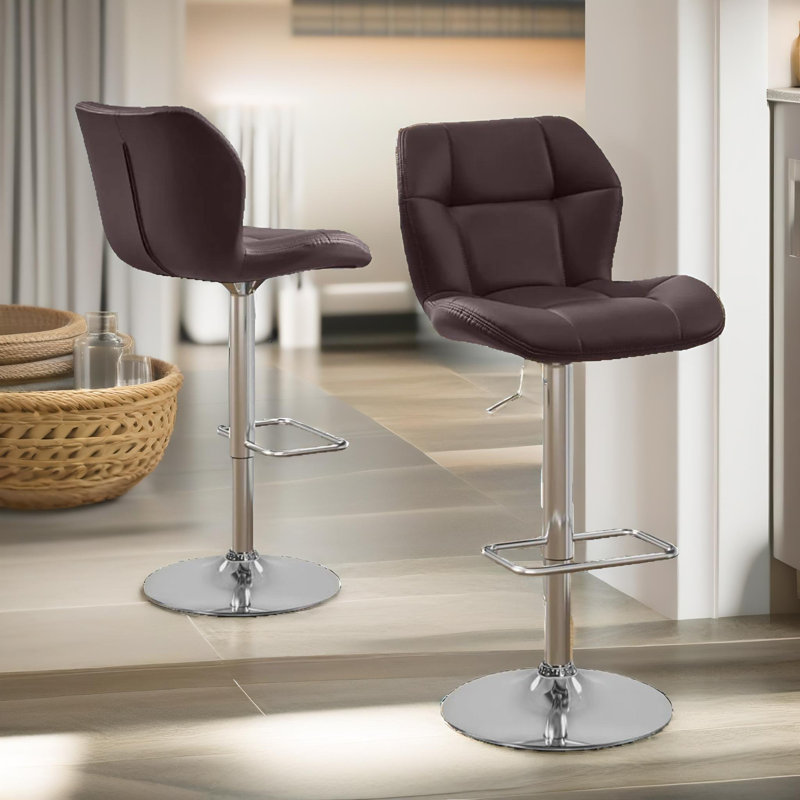 Begajeta Two Adjustable Height Bar Stools, Swivel Stool, Vegan Leather, Kitchen Dining Chair, Natural Brown
