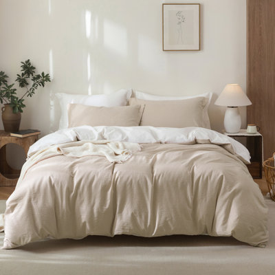 Solayne 100% Washed Cotton Duvet Cover Set with Faux Hemp Texture, Solid Color, Zipper Closure and Corner Ties