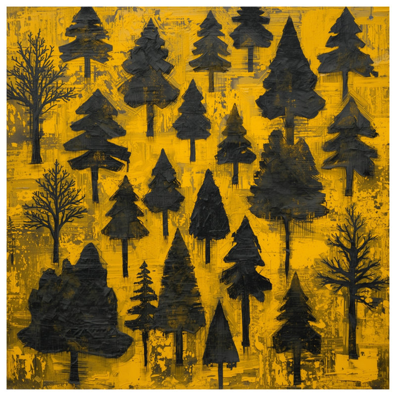 Arbres noirs sur des housses de couette jaunes, Grand lit