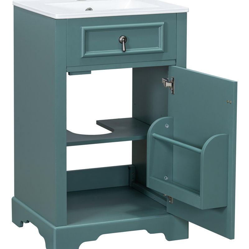 Meuble-lavabo de 20 pouces avec lavabo en céramique, porte à fermeture en douceur et organisateur de porte pour le rangement d'articles de petite taille: structure en bois massif, poignée en alliage d'aluminium