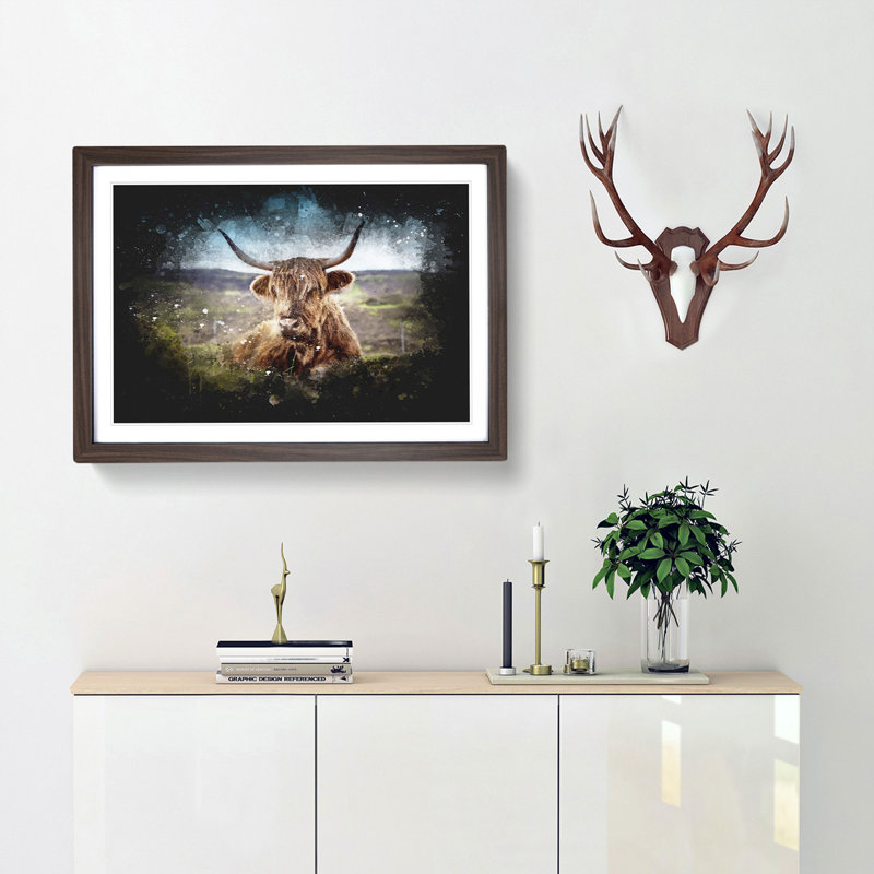 A Resting Highland Cow - Framed Print, 24cm H x 33cm W x 2cm D, Walnut Framed
