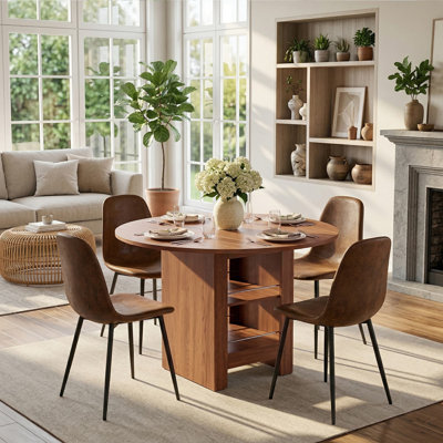 Ensemble de salle à manger 42 po 42 po avec base de rangement à 2 niveaux, table de cuisine de style Mid-Century 5 pièces pour 4 personnes, table en bois manufacturé au fini noyer et 4 chaises en faux suède brun avec pieds en métal noir