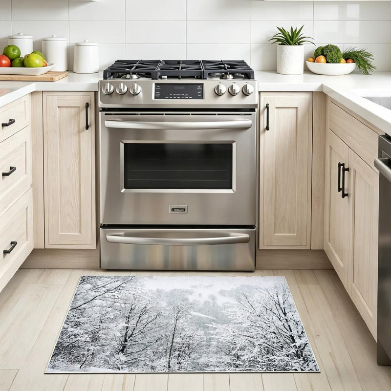 Green Snow Branches Winter Forest Snowy Tree Wonderland Landscape Beautiful Machine Washable Indoor Area Rug