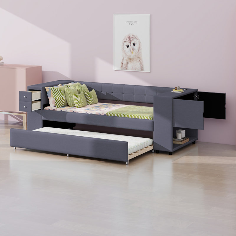 Lit rembourré avec rangement et lit gigogne, ports de chargement USB, Gris