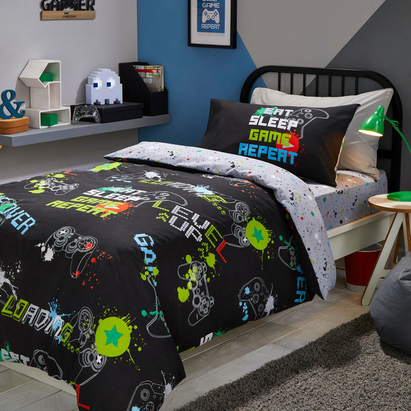 Game Glow 52% Polyester ,48% Cotton Block Print Duvet Cover Set with Pillowcases, Single Duvet Cover + 1 Standard Pillowcase