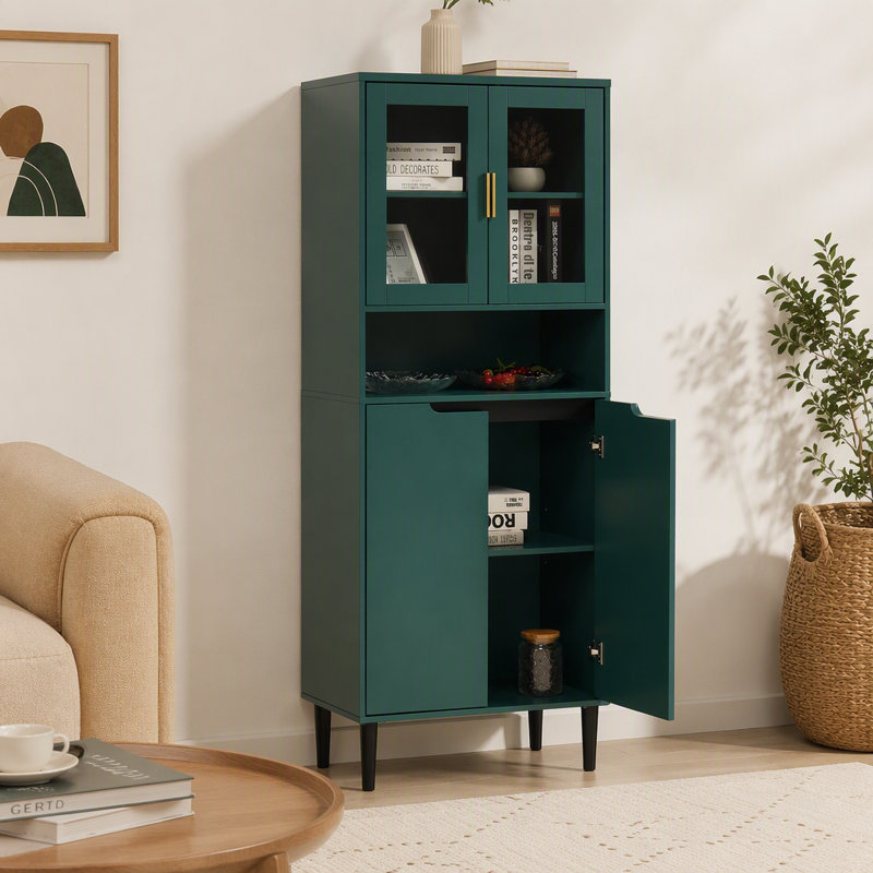 Bibliothèque haute avec 2 portes vitrées et 2 portes, grande armoire de cuisine avec poignées dorées, Vert