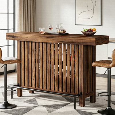 Home Bar Unit With Storage, 2-Tier Bar Table With Footrest, Modern Pub Table For Kitchen Dining Room Living Room
