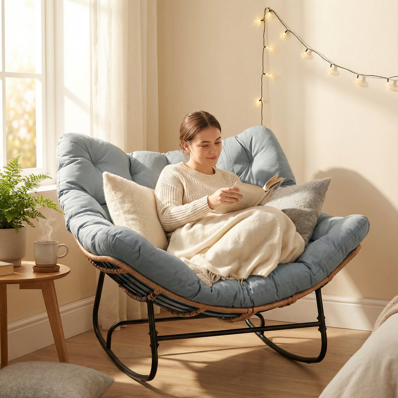 Très grande chaise berçante d'extérieur Papasan avec coussin épais de 6 po, Gris