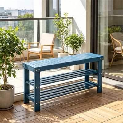Banc à chaussures en bois massif, organisateur de rangement pour hall d'entrée à 3 niveaux, banc à chaussures en bois avec siège, range-chaussures robuste de 34 po de long pour vestibule, vestibule, balcon, patio, intérieur / extérieur, bleu marine