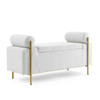 Elegant Upholstered Linen Storage Bench With Cylindrical Arms And Iron Legs For Hallway Living Room Bedroom by Everly Quinn