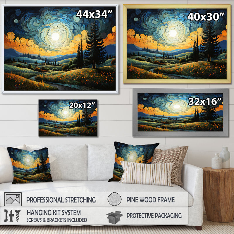«Vangogh The Swaying Cypress III», art mural sur toile Vangogh, H 24 po x l 32 po x P 1 po, Cadre flottant brun