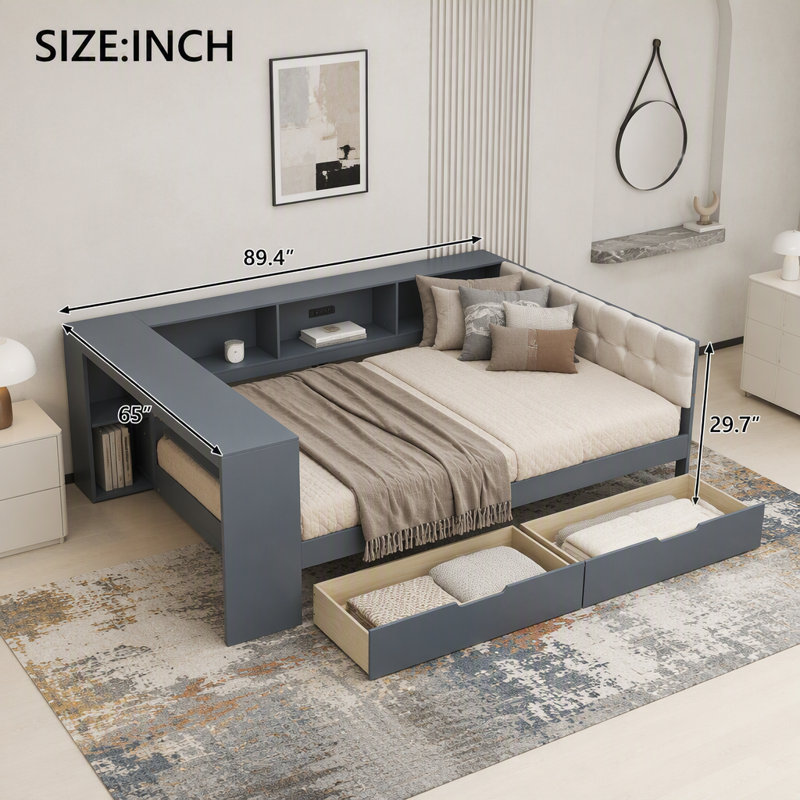 Lit plateforme double avec tablettes de rangement, tiroirs et station de charge, gris, Double, Grey