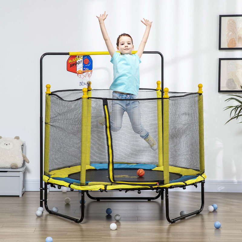 Trampoline polyvalent pour enfants avec caractéristiques de sécurité et accessoires réglables, Jaune