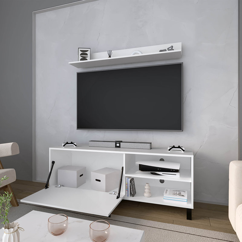Bitter Springs Tv Stand 65" In Melamine With Open Storage,Pneumatic Arms And 1 Door, White, White