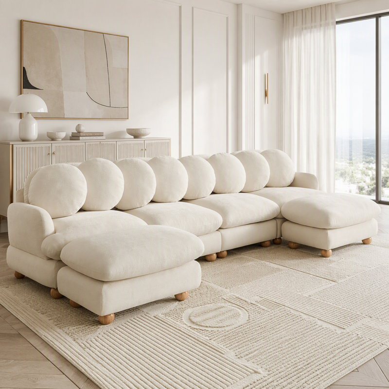 Canapé modulaire modulaire avec revêtement en chenille et repose-pieds mobile, Chenille beige